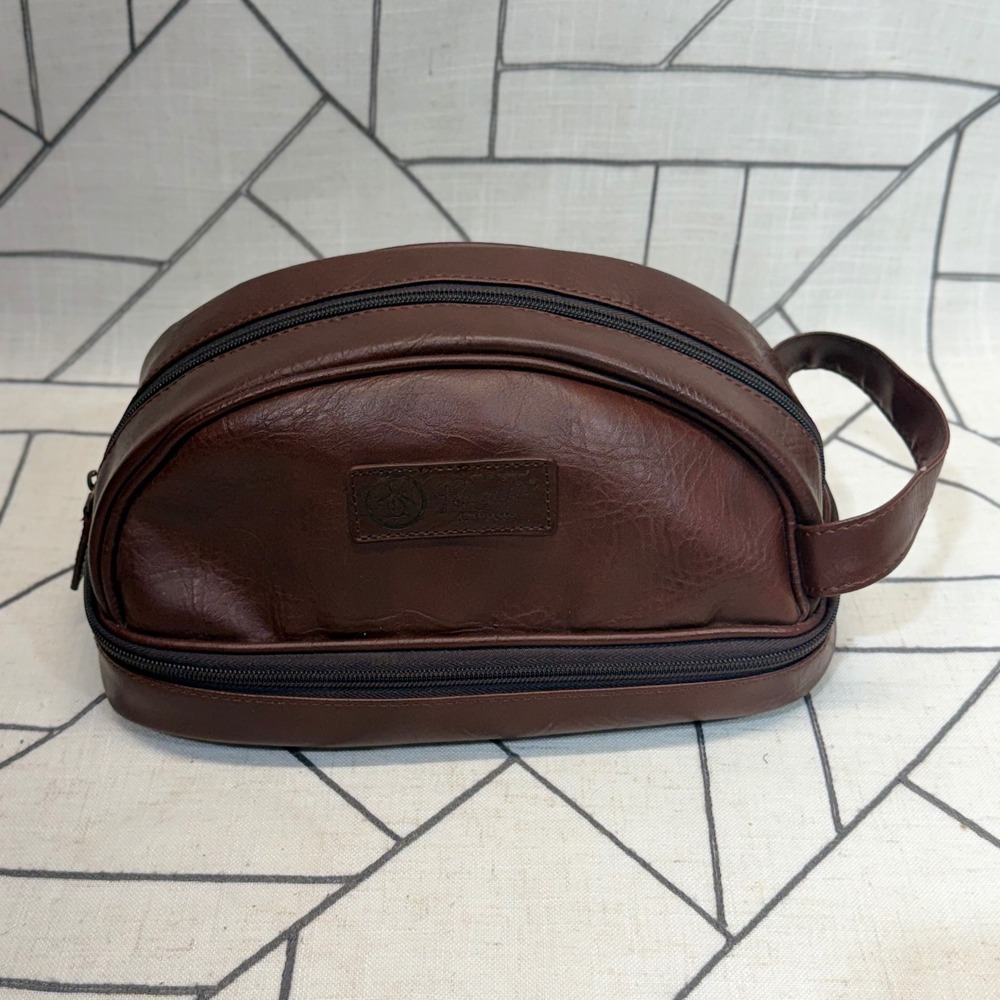 Original Penguin Toiletry Bag One Size‎ Brown Faux Leather Double Zip Dopp Kit
